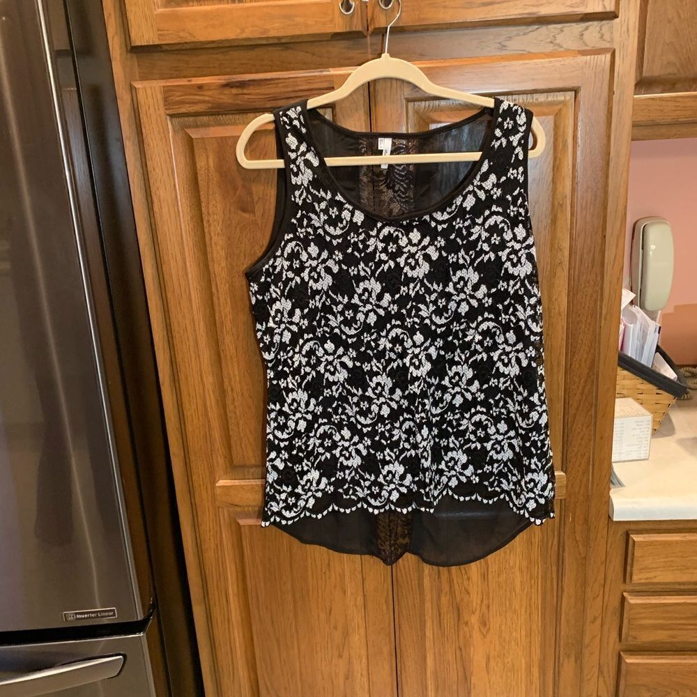 Beautiful Black Tank with ivory flowers and lace